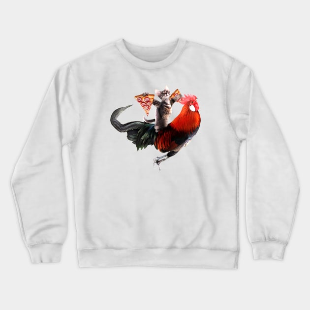 Cat with 2 Pizza Slices Riding Rooster Crewneck Sweatshirt by Random Galaxy